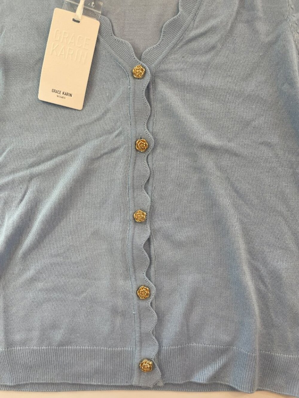 Grace Karin Light Blue Cardigan Scalloped Trim Gold Button Women's Sz Small NWT - Picture 3 of 6